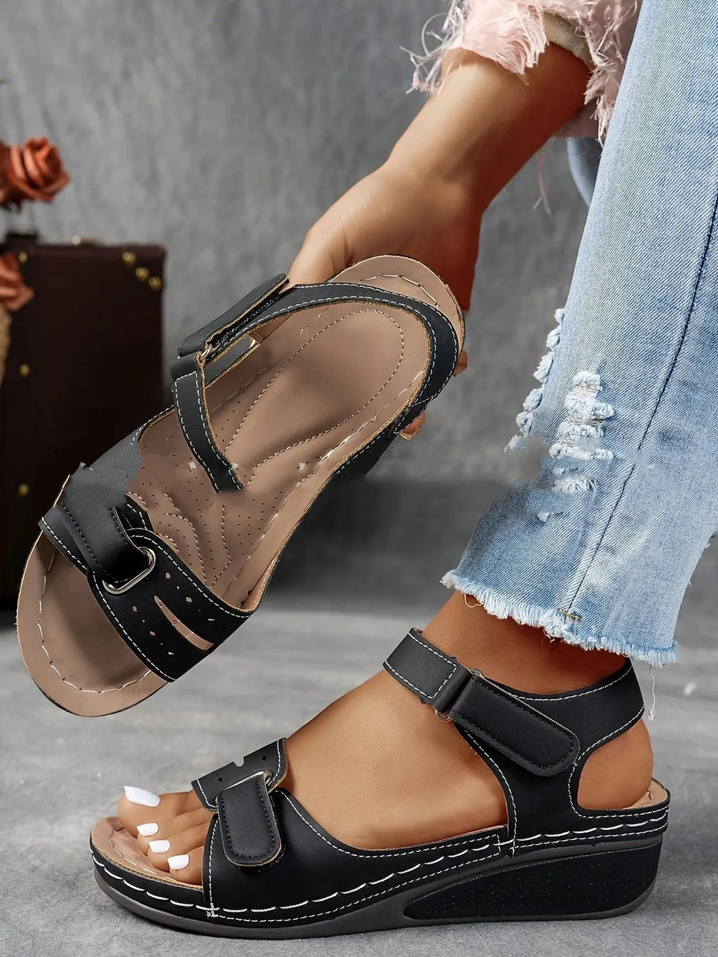 Beige plus size strap sandals with a thick composite sole and adjustable Velcro fastening on a white background