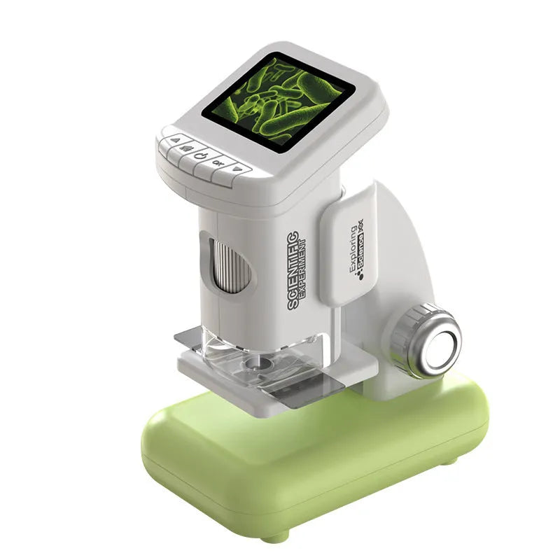 Smart digital microscope for kids with electronic belt display in blue gray and green ABS plastic with accessories