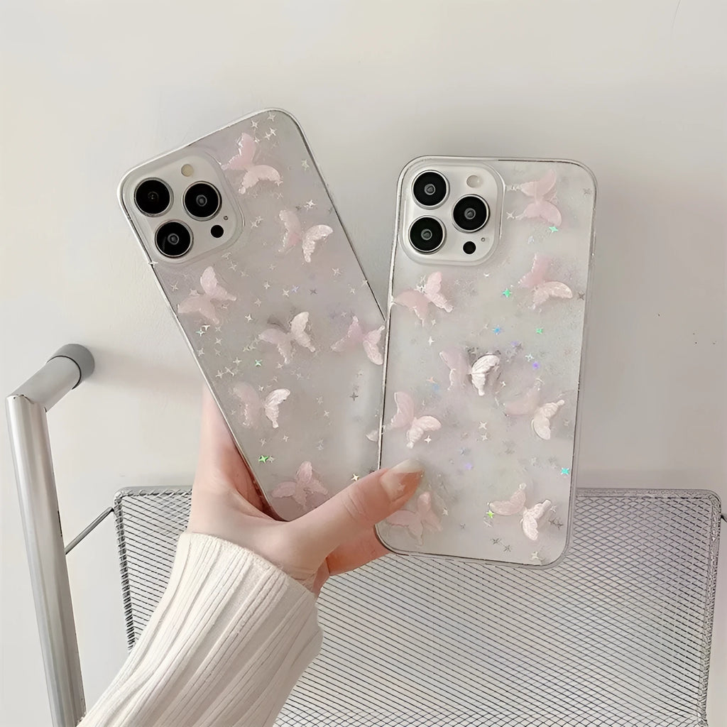 Butterfly pink ins style phone case with transparent TPU soft shell and 3D butterfly design for iPhone.