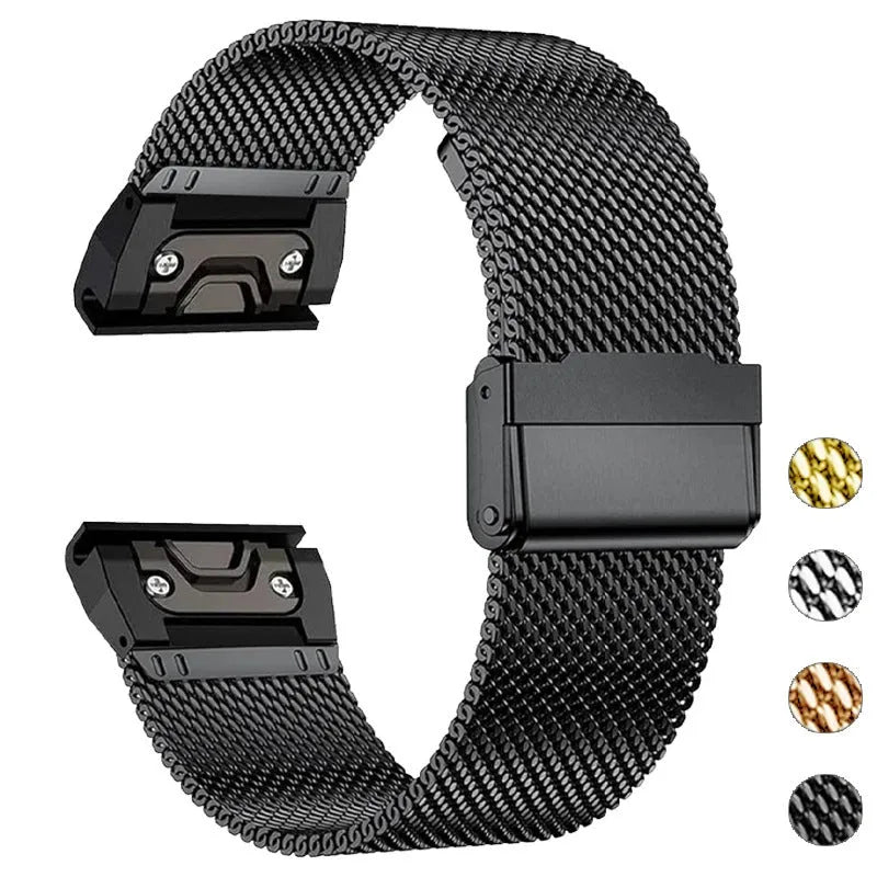 Stainless steel card-style replacement strap for Garmin Fenix smartwatch in silver finish.