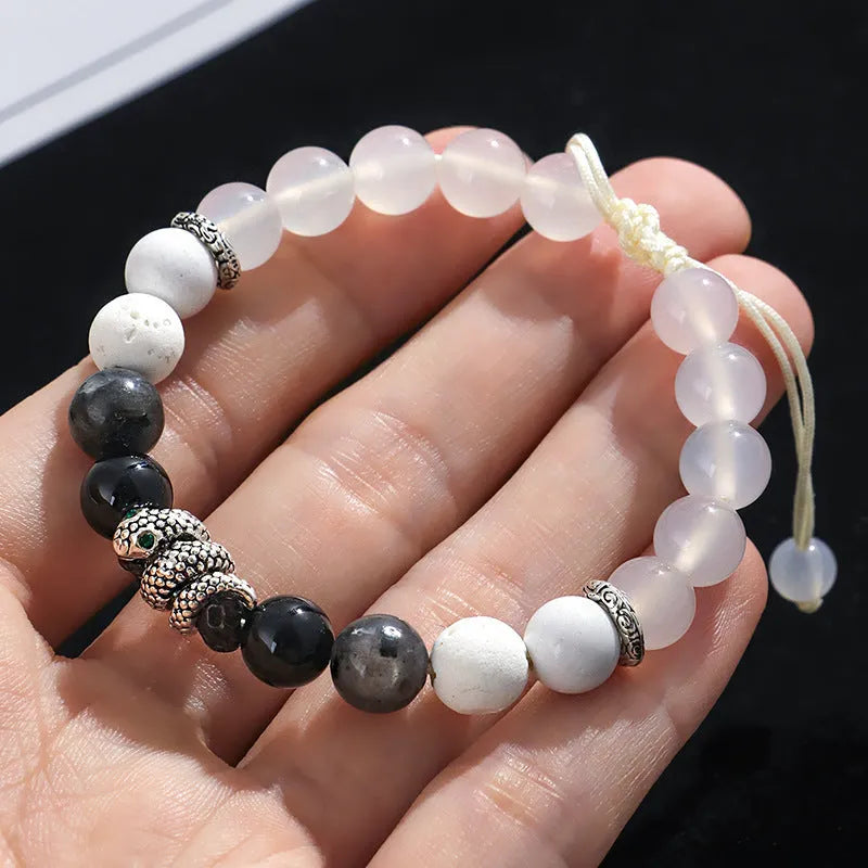 Agate couple bracelet set with blessing snake pattern in black and white options featuring white turquoise accents