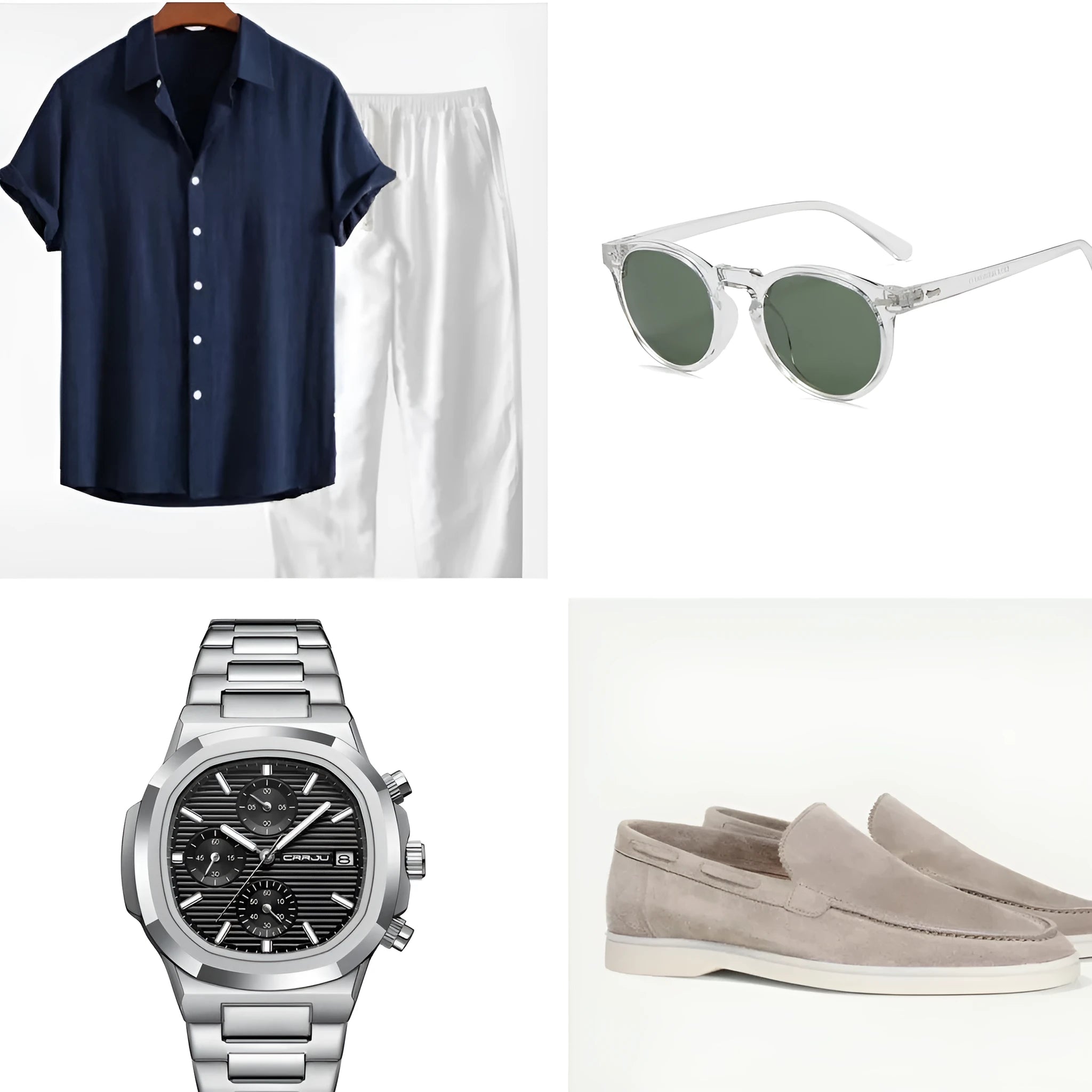 Casual cotton and linen beachwear suit with short sleeves and trousers in multiple colour options