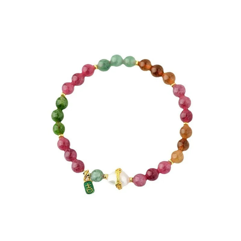 Geometric tourmaline and chalcedony bracelet with 6.5mm natural crystal beads