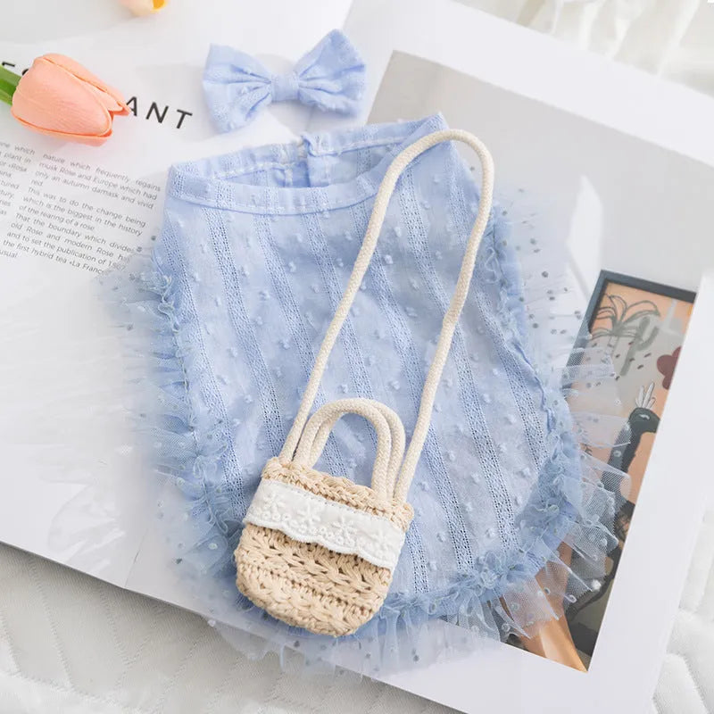 Small dog wearing blue country outfit with matching bow and small woven crossbody bag