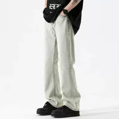 American retro black high-waist straight-leg button fly washed denim pants for teenagers