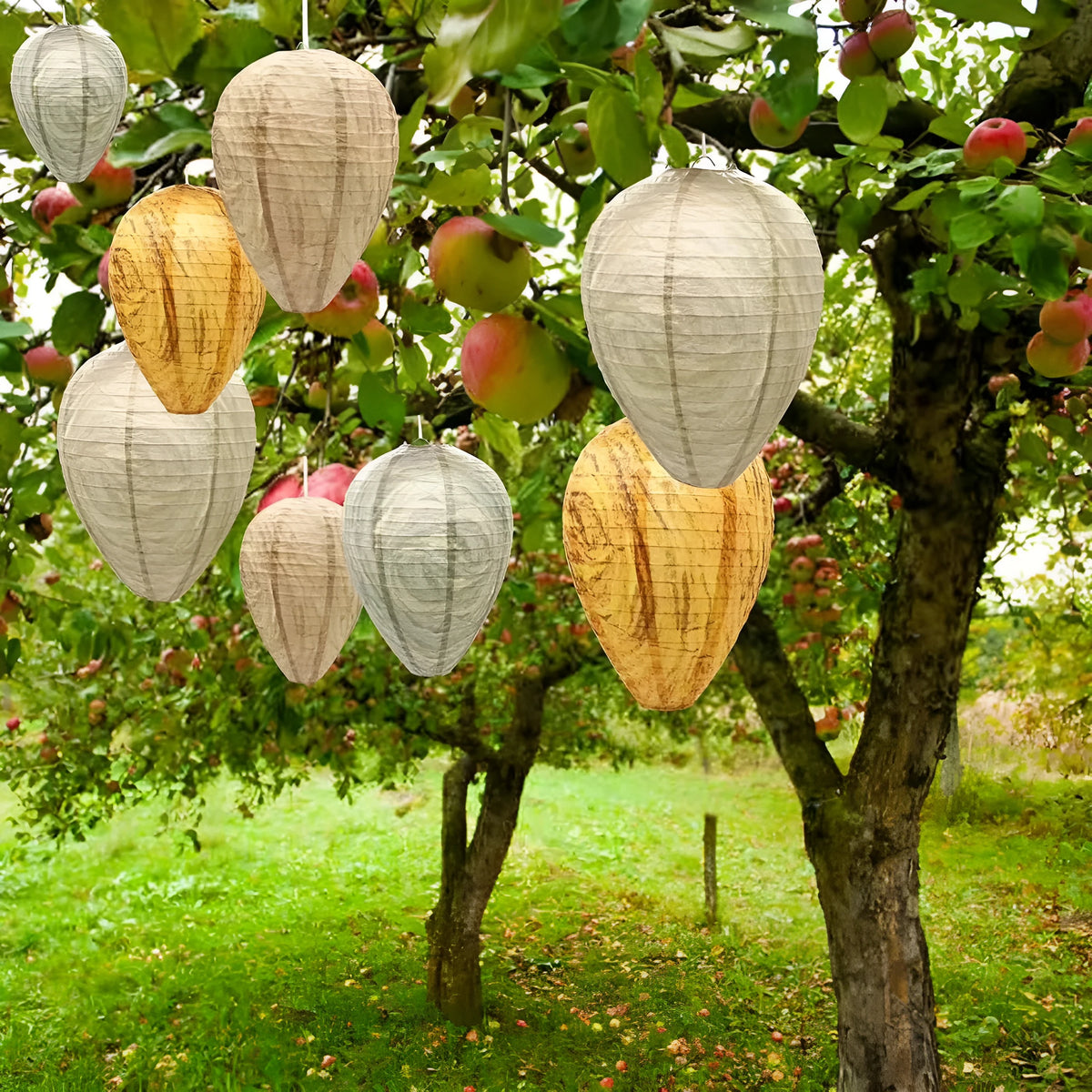 Oval flannel honeycomb lantern for wasp deterrence in a garden setting