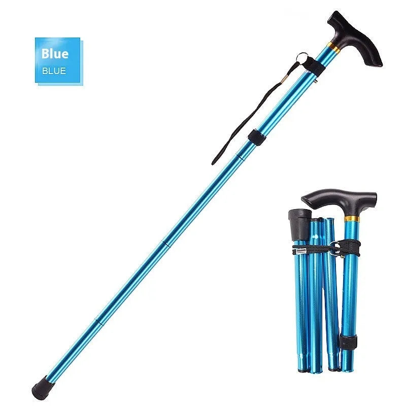 Aluminium alloy folding walking stick extended to show adjustable height and non-slip tip.