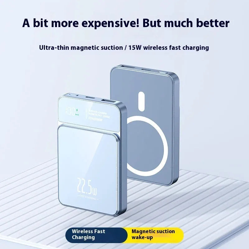 Fashion magnetic wireless power bank in black with fast charging USB plastic construction