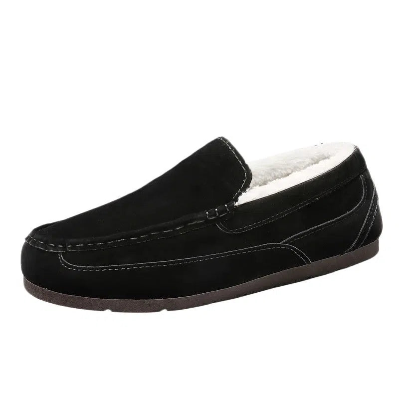 Men's loafer-style casual slip-on shoes with synthetic PU upper in black, round toe design