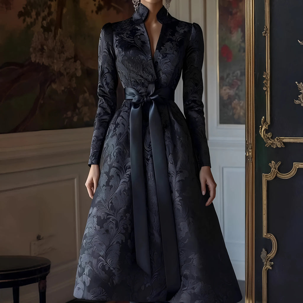 Solid colour long sleeve satin party dress with high waist and stand collar midi length