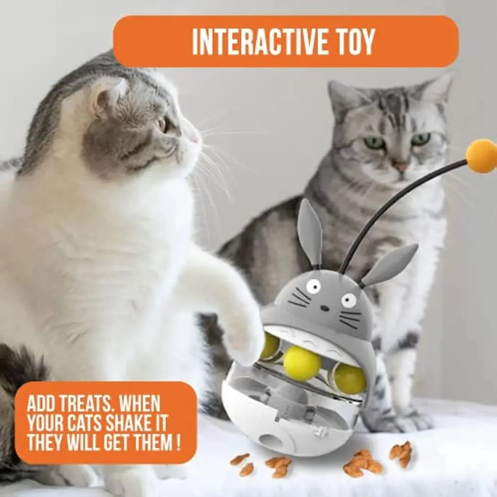 Interactive cat feeder toy treat dispenser with sounding bell in Brown Gray Pink White colours