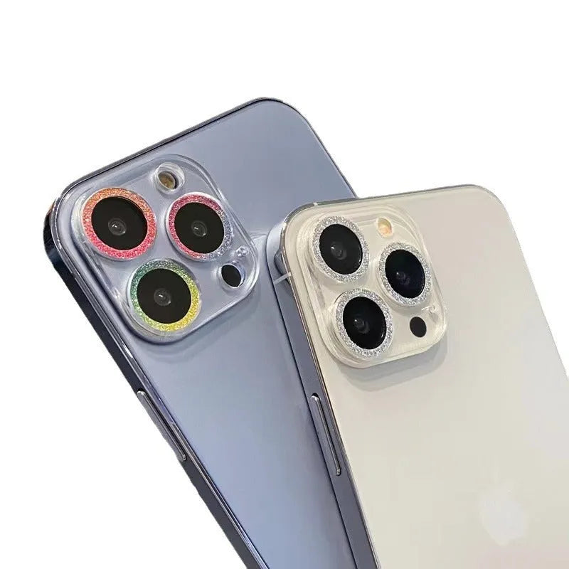 Tempered glass iPhone lens protector with integrated rhinestone glitter design in multiple colours