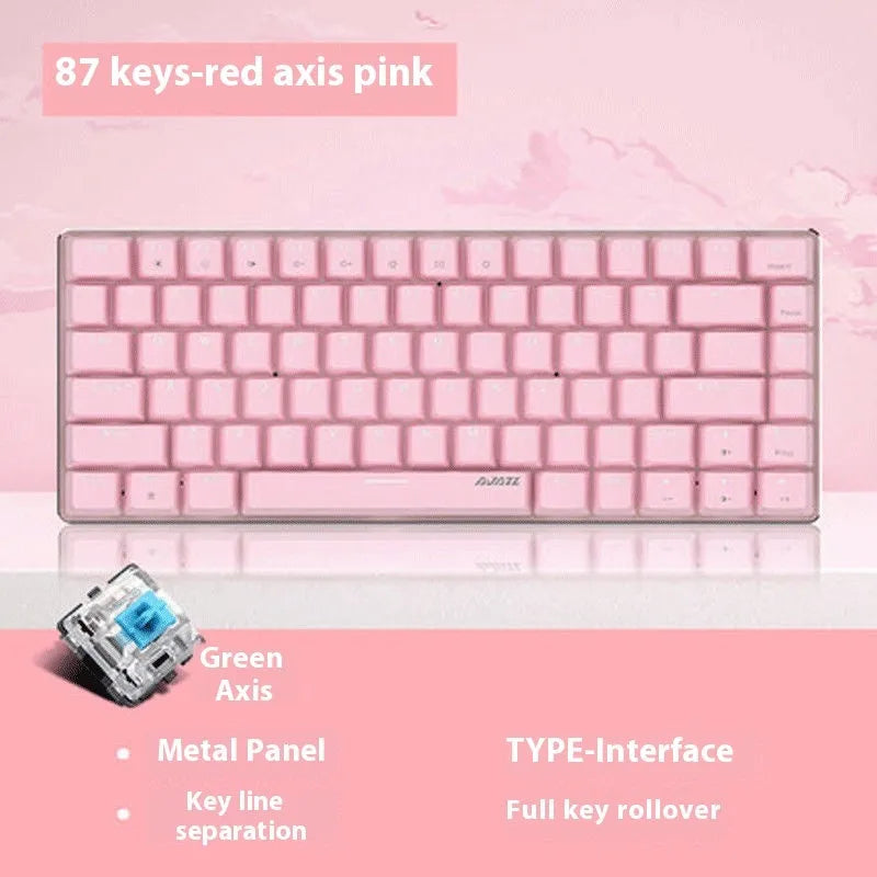 Pink-themed 82-key mechanical keyboard with white backlight on a metal chassis