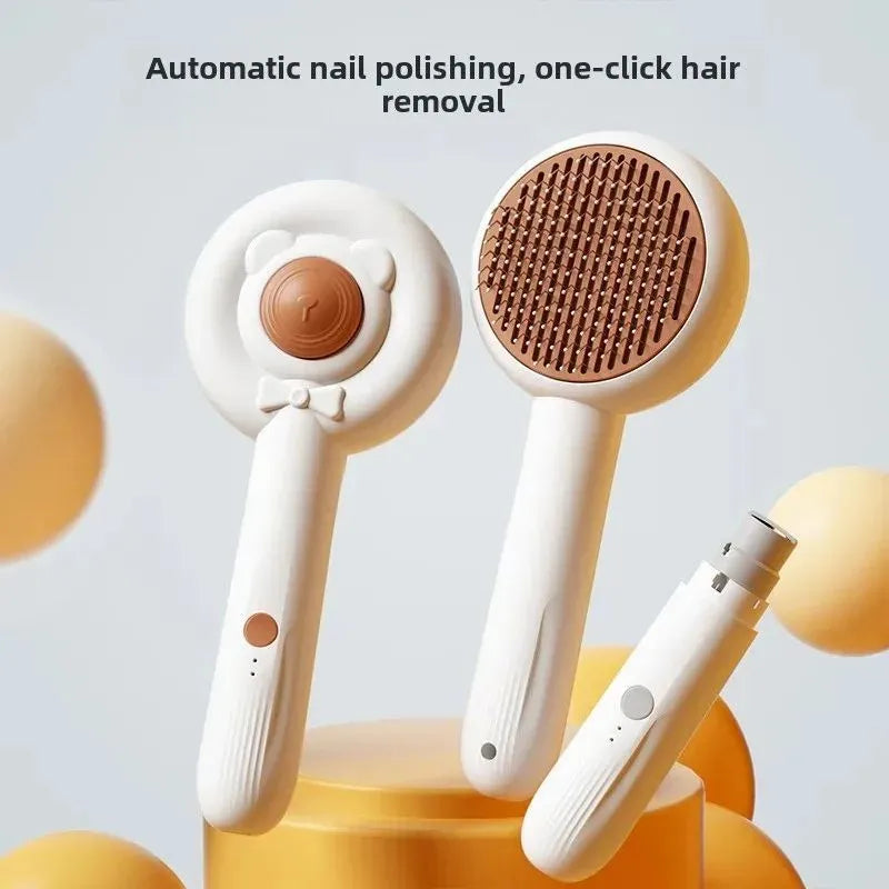Rechargeable two-in-one pet nail trimmer comb for cats and dogs in brown and gray