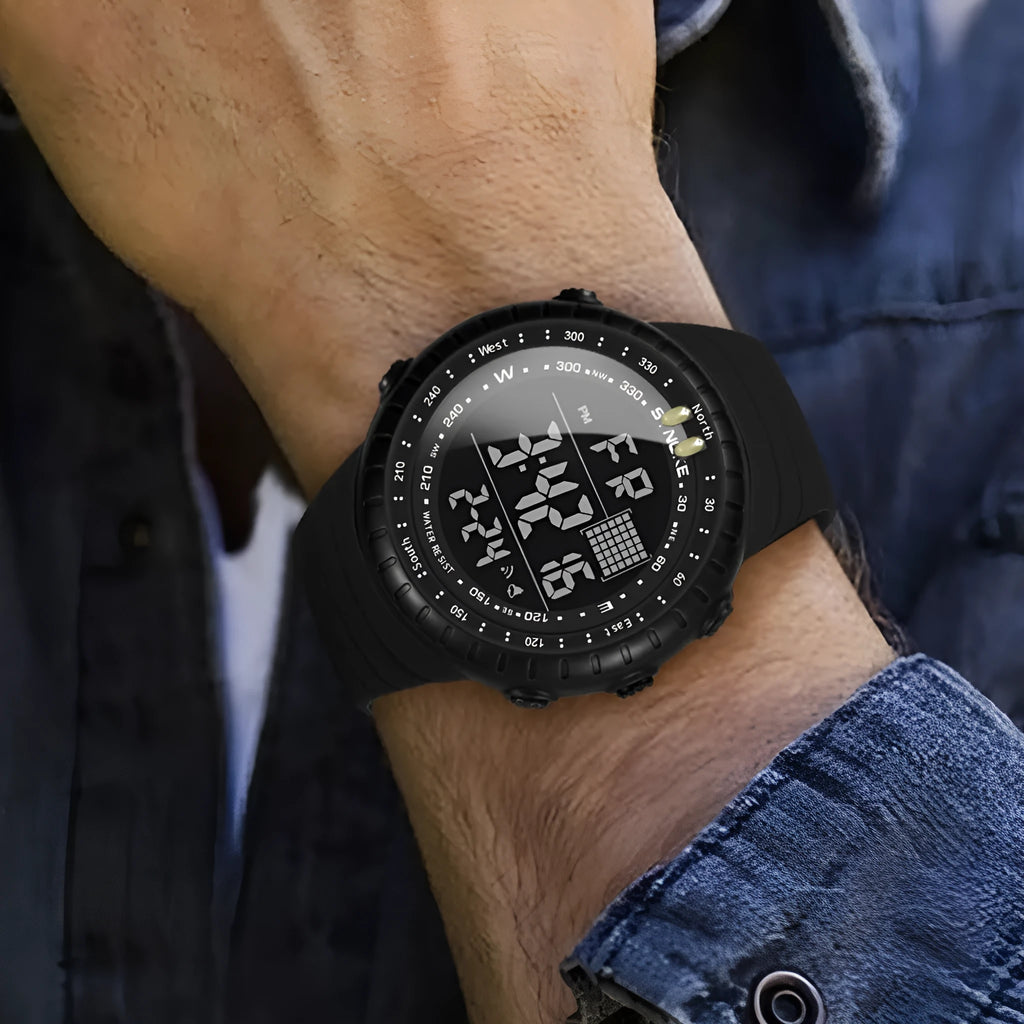 Black waterproof men's electronic watch with plastic case and PU strap showing dial detail