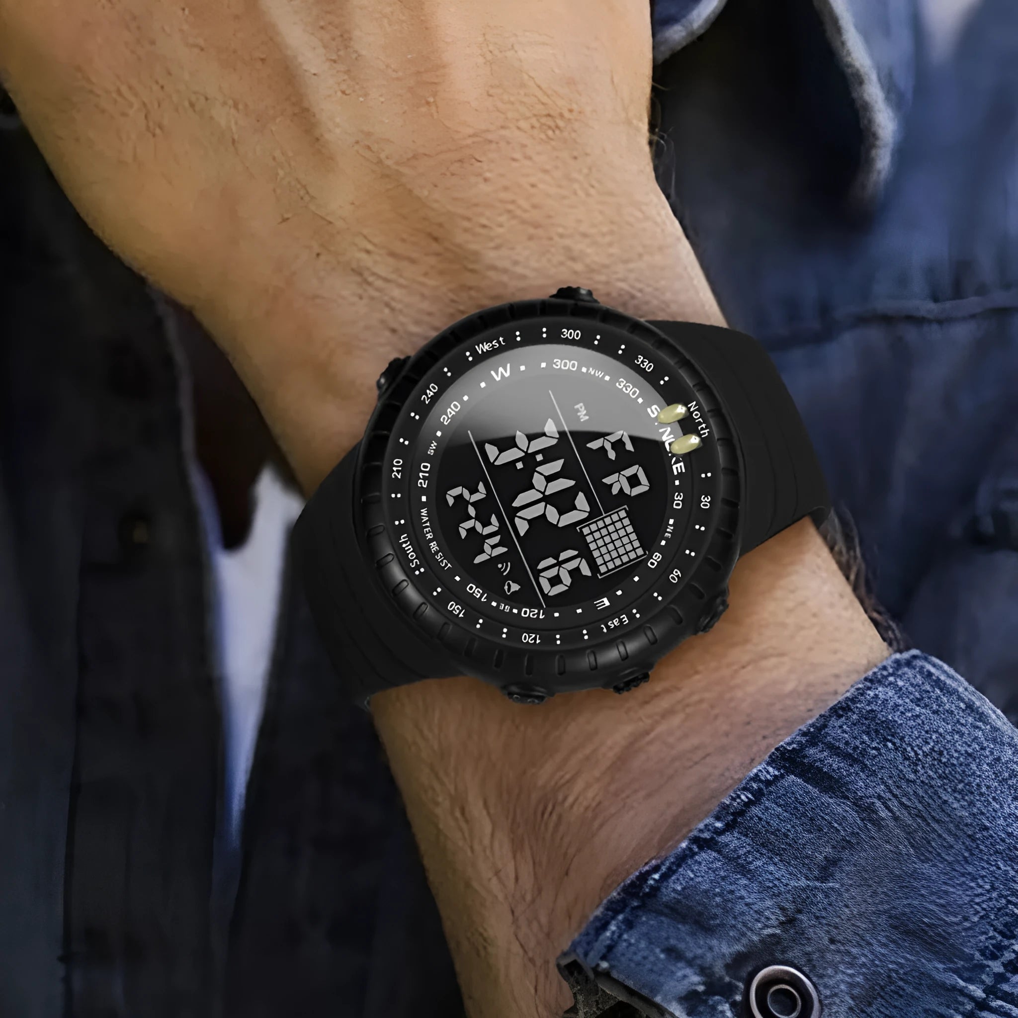 Black waterproof men's electronic watch with plastic case and PU strap showing dial detail