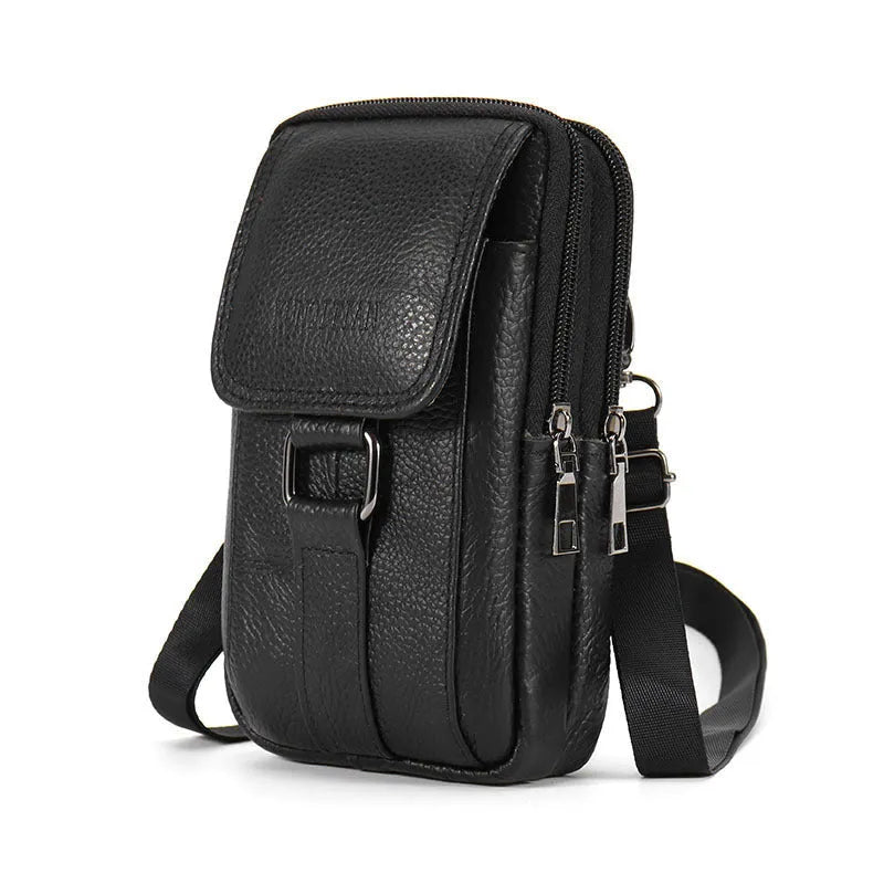 Genuine cowhide leather men's waist bag square vertical shape with sewing line detail black colour