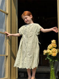 Light green cotton floral A-line dress for girls, short sleeves, pastoral style, suitable for heights 90 to 140cm