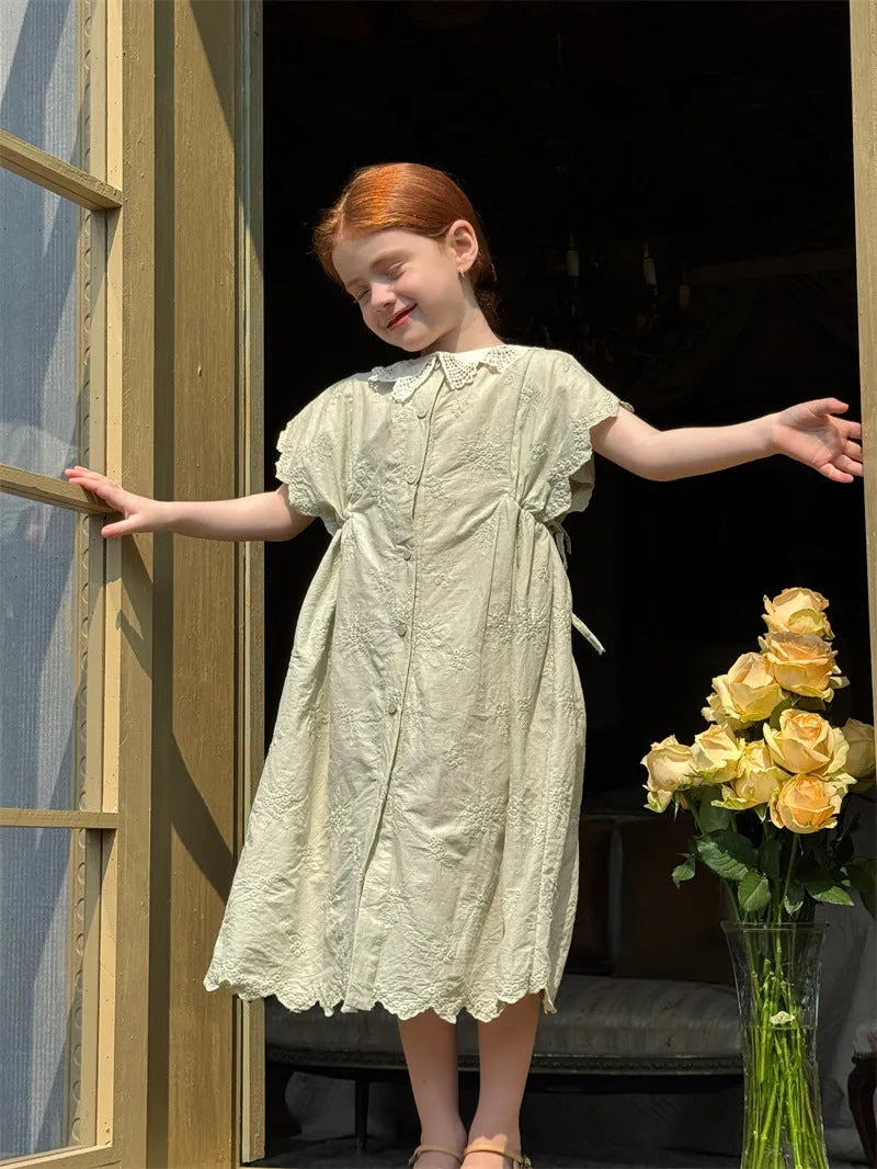 Light green cotton floral A-line dress for girls, short sleeves, pastoral style, suitable for heights 90 to 140cm