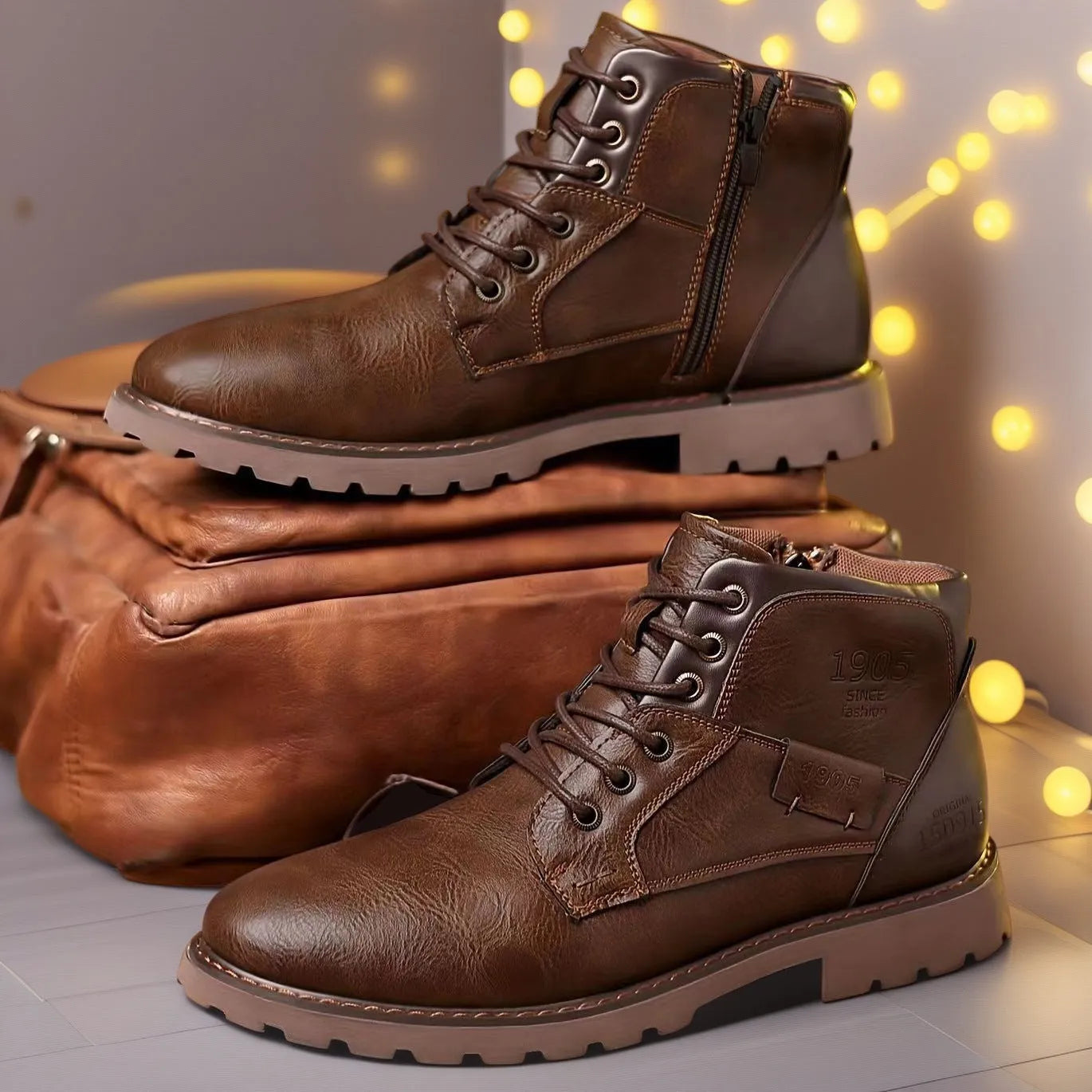 Men's brown leather-look ankle boots with a side zip fastening and rubber sole on a white background.