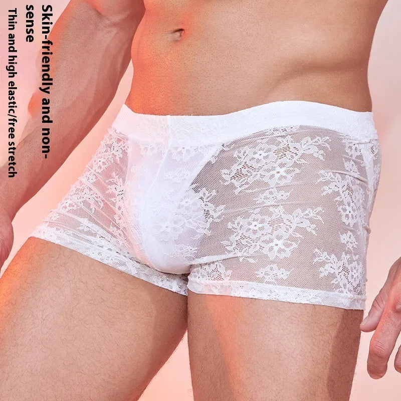 Men's lace boxers in nylon, shown in black, white, and red colours.