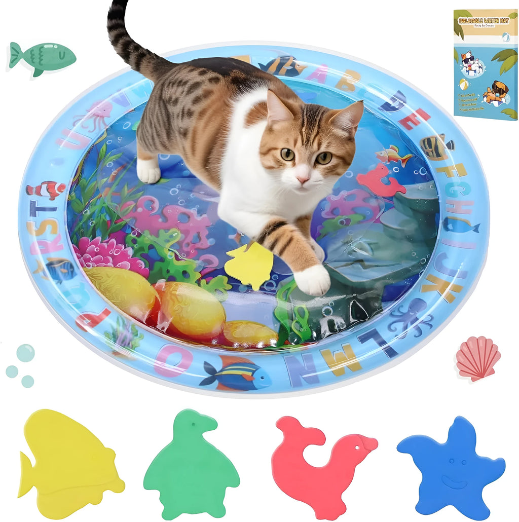 Square blue PVC water playmat for cats with floating fish toys inside, shown inflated on a floor.