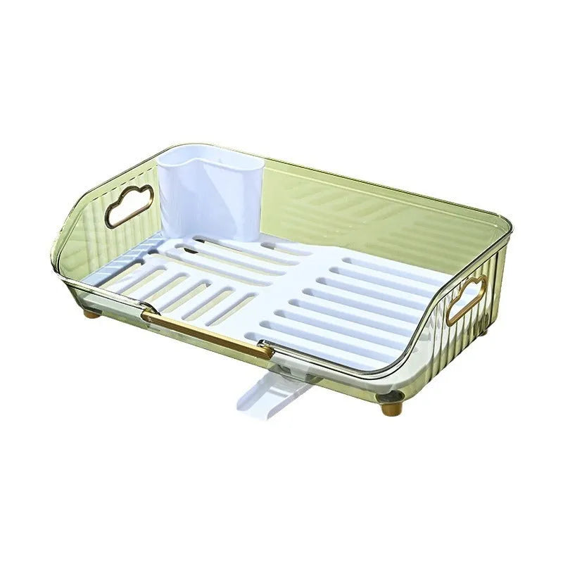 Transparent plastic countertop cutlery storage rack with draining design, Nordic style, in coffee, green, or white.