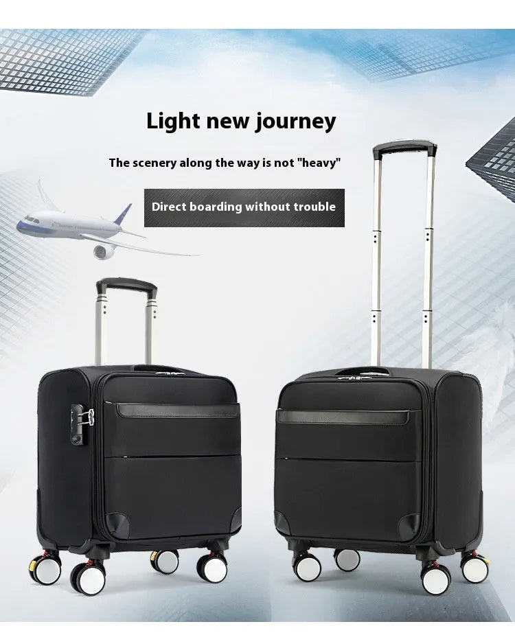 Black 18 inch Oxford cloth carry-on suitcase with retractable draw bar and universal wheels.