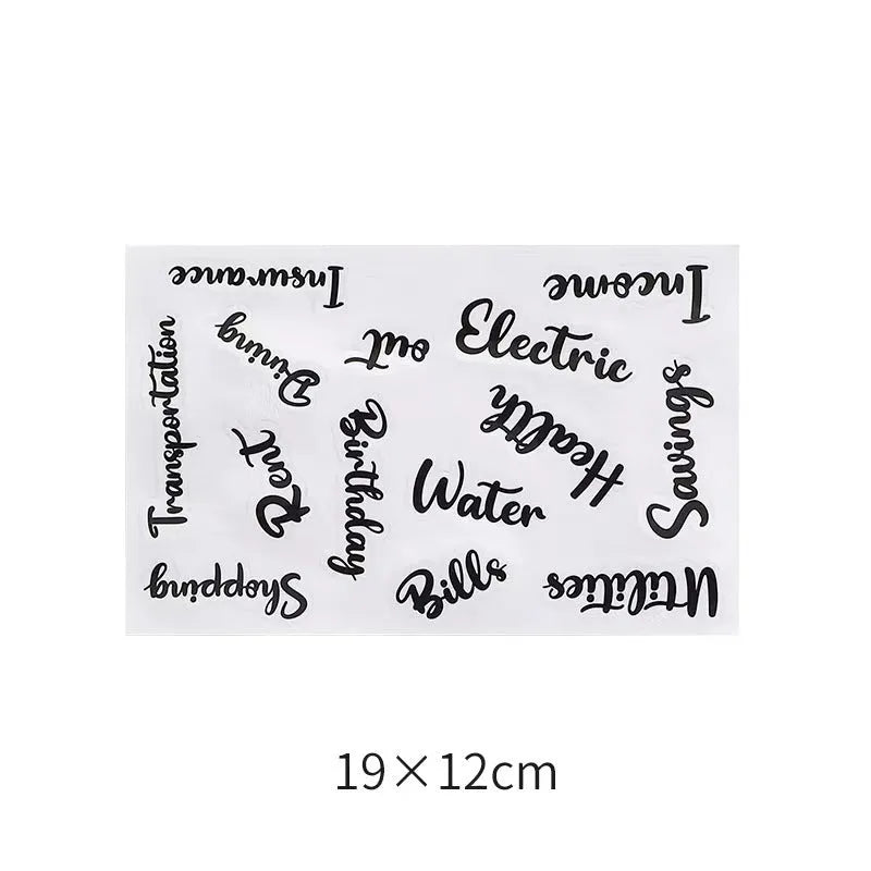 Assortment of handwritten labels, grid stickers, A6 rulers, and coloured sticky notes on a white background.