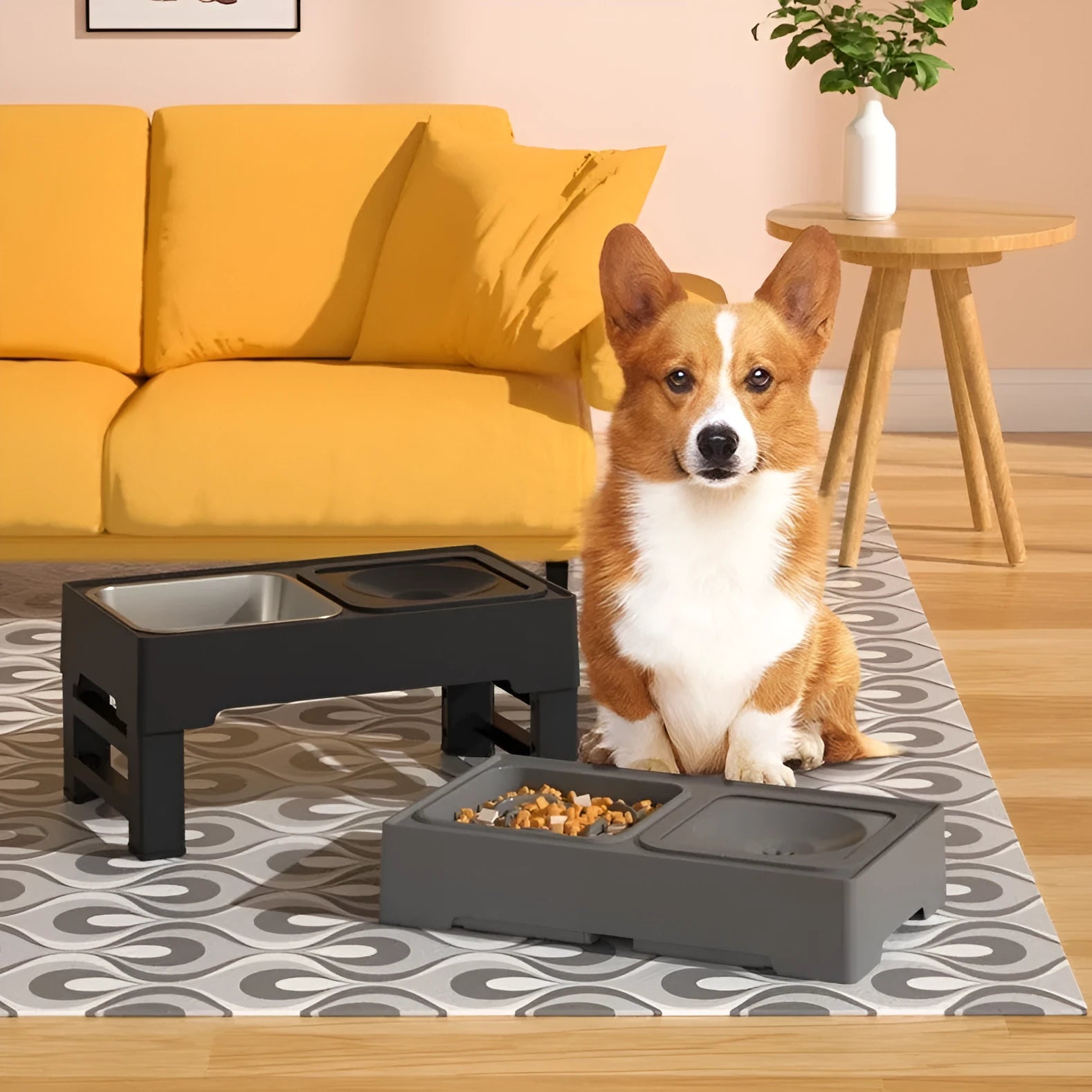 Black adjustable-height dog feeding stand with two stainless steel bowls on a non-slip base