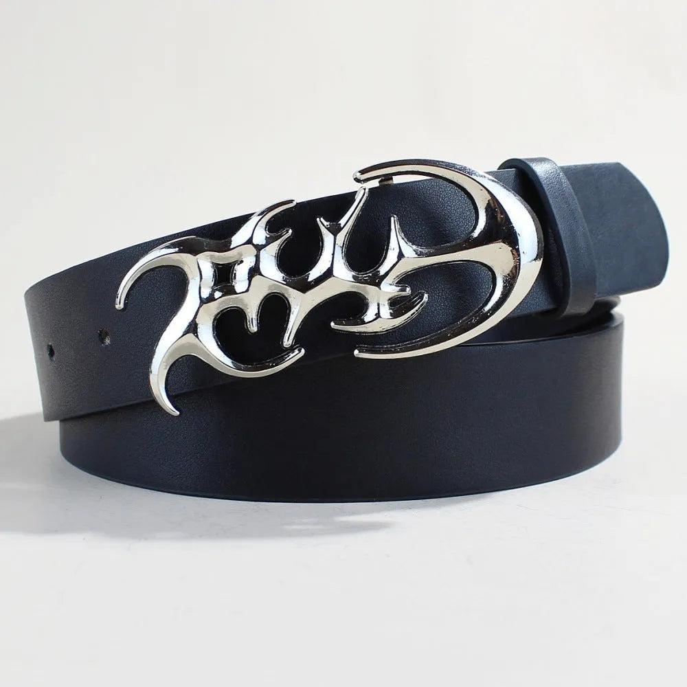 Men's casual silver buckle PU leather belt with snap button fastening.