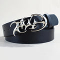 Men's casual silver buckle PU leather belt with snap button fastening.