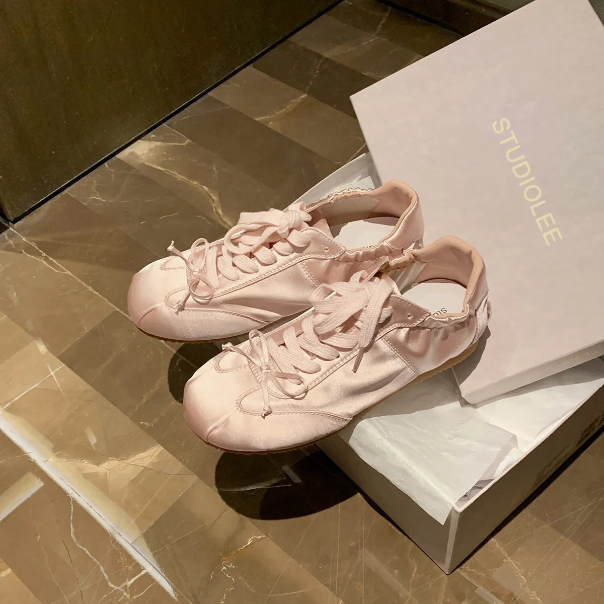Women's satin ballet flats with round toe and lace-up closure in silver grey, pearl white and champagne pink colours