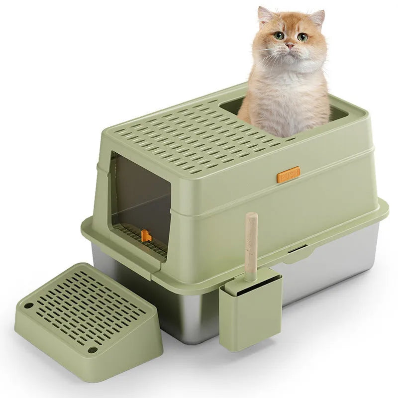 Grey ABS plastic enclosed cat toilet with pedal entry system