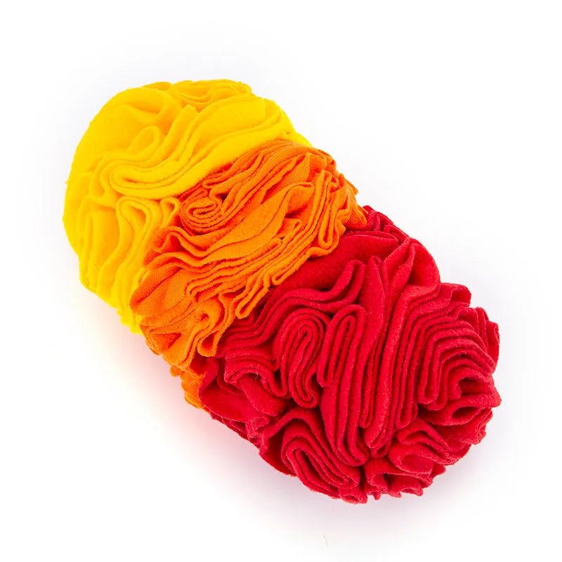 Dog snuffle pad in rainbow colour with polar fleece strips on a light background, 25x15cm size