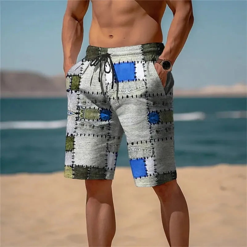 Man wearing loose-fit 3D plaid shorts in mesh fabric for summer.
