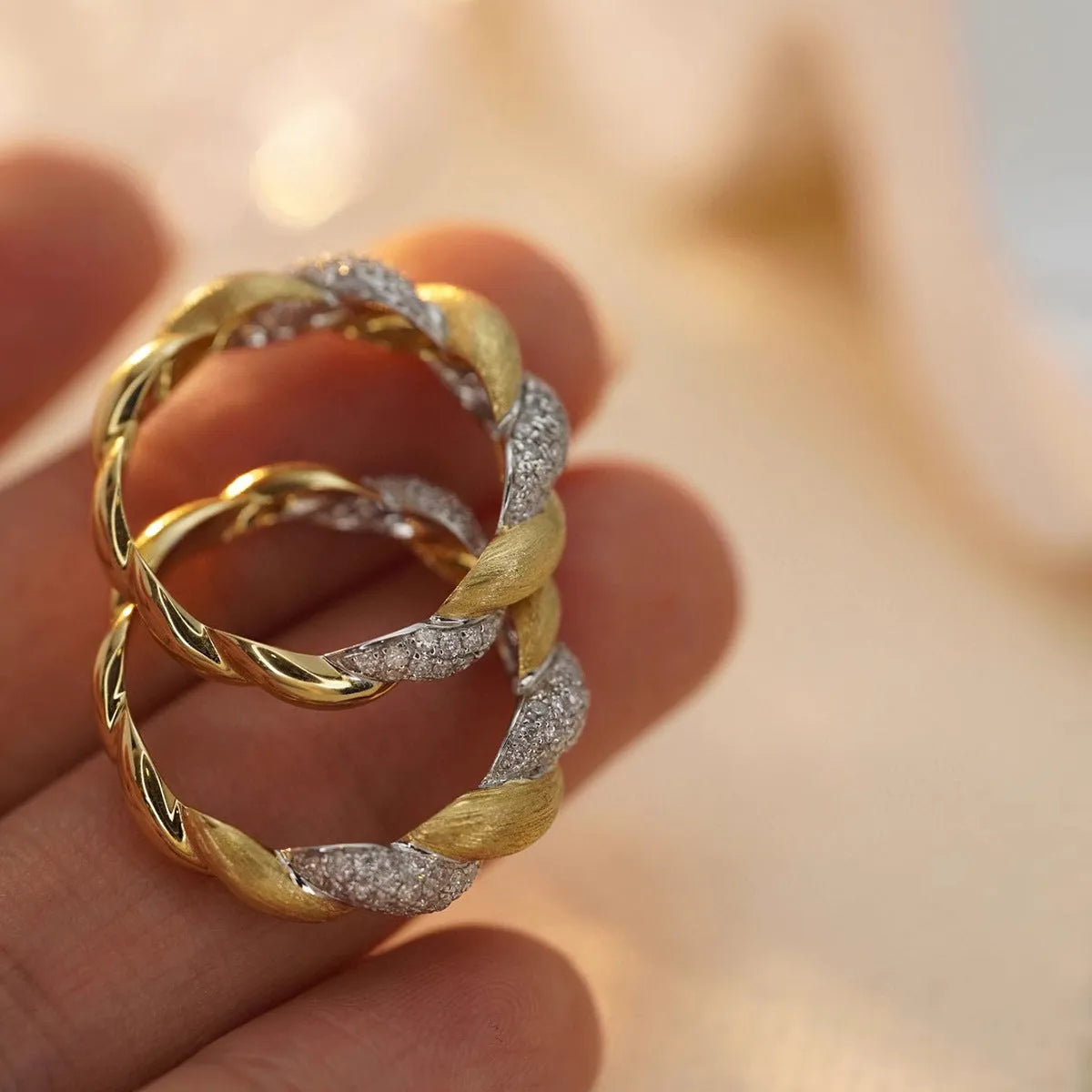 S925 sterling silver geometric twist ring yellow gold white gold diamond cut finish women's jewellery