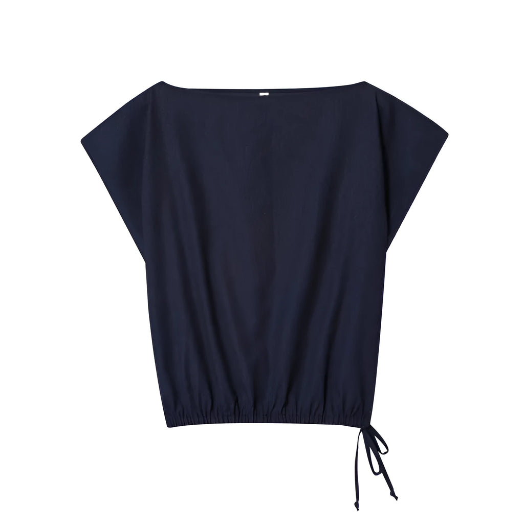 Women's linen-blend co-ord set featuring an off-neck top with flounced sleeves and wide-leg trousers.
