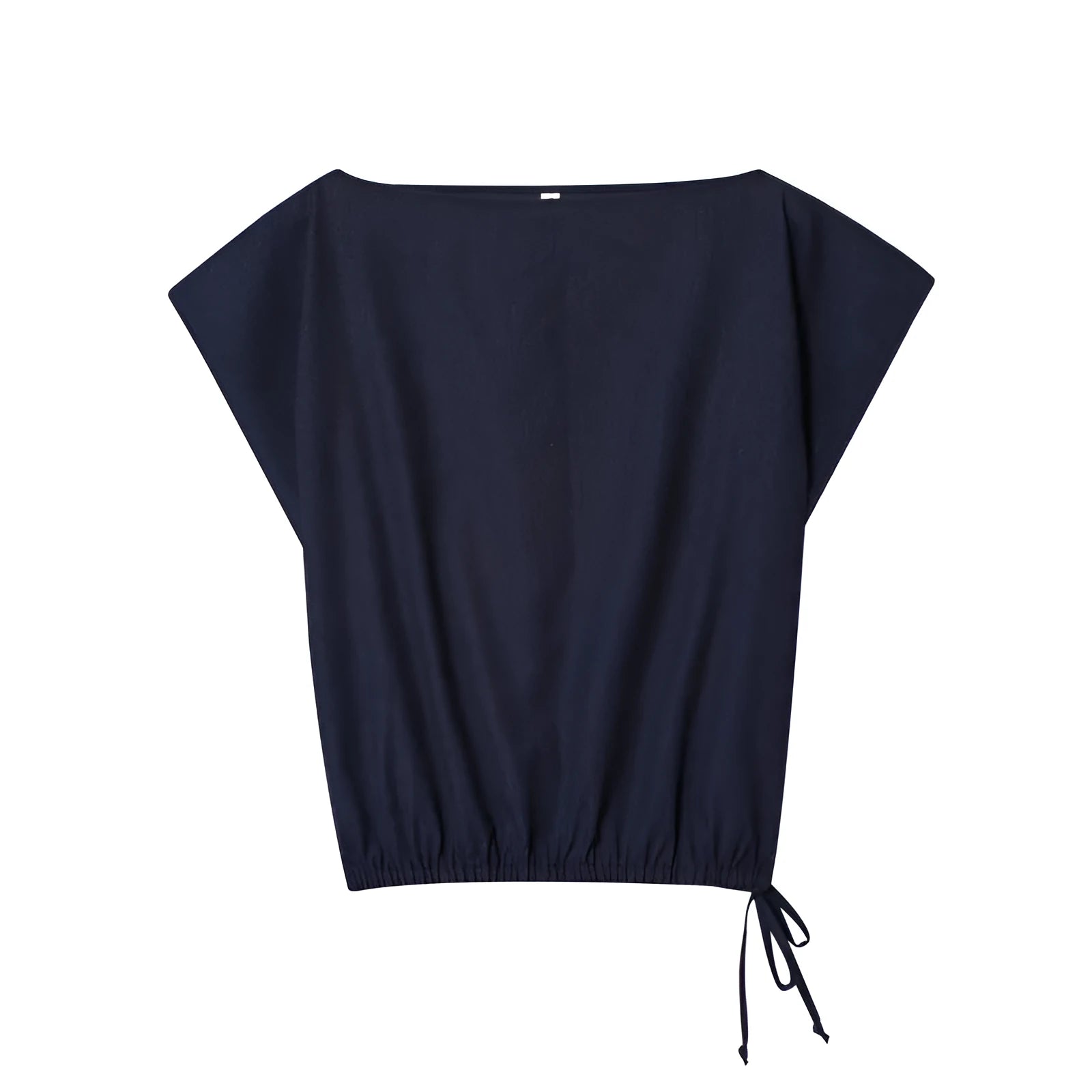 Women's linen-blend co-ord set featuring an off-neck top with flounced sleeves and wide-leg trousers.