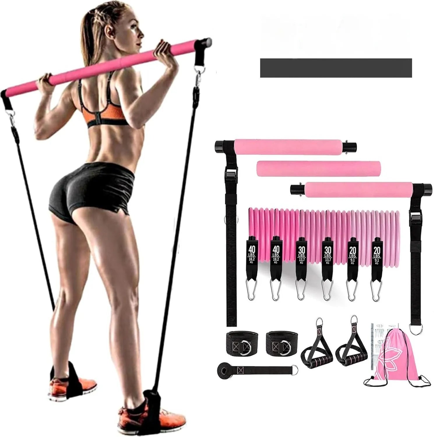 Yoga gymnastic bar set with 180 pounds reinforced resistance band in black or pink TPE material