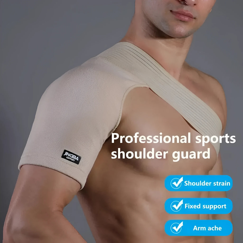 Adjustable one-shoulder sports protective strap in skin colour, shown on a model.