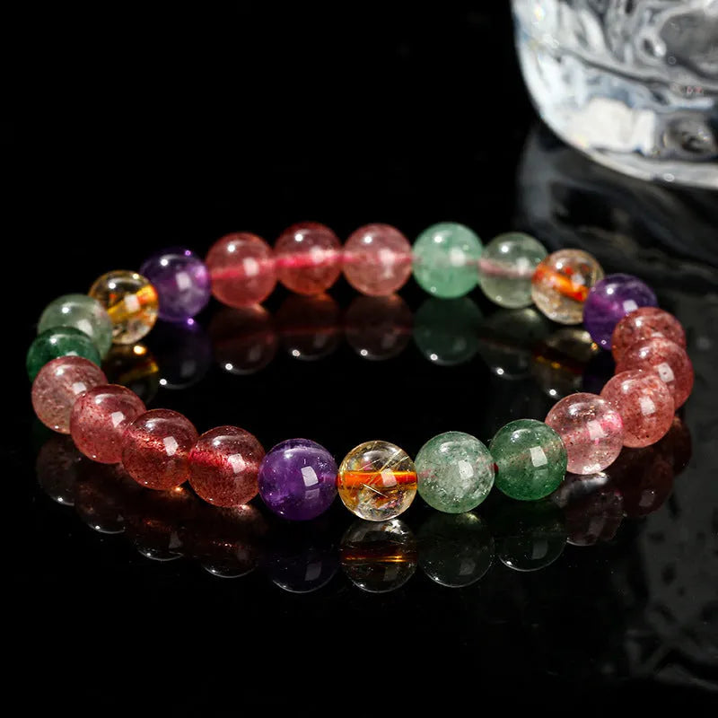 Women's strawberry quartz bracelet with tourmaline colour in round 7mm, 8mm, and 9mm bead sizes.