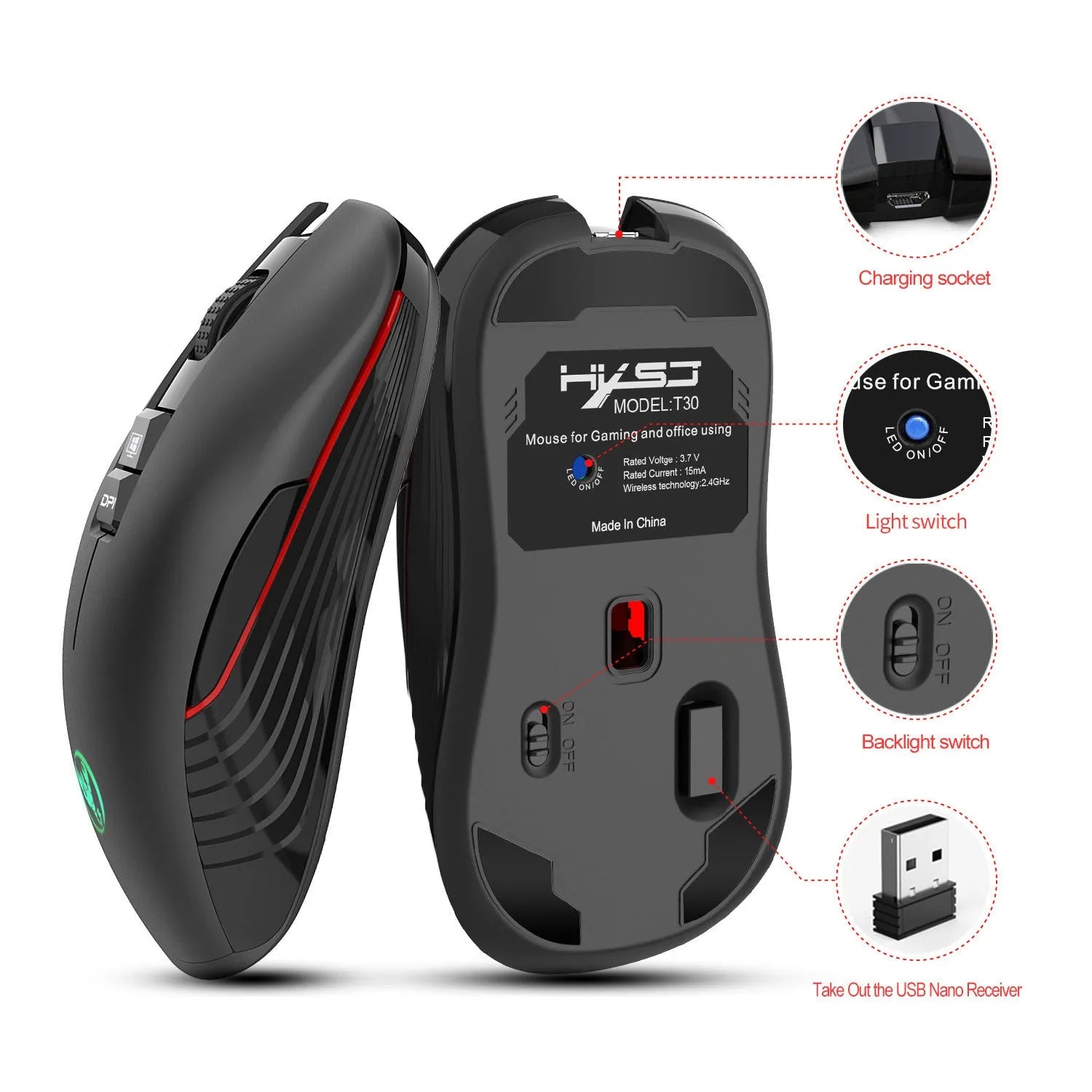 Black wireless gaming mouse with RGB breathing lights on a desk, showing ergonomic shape and scroll wheel.