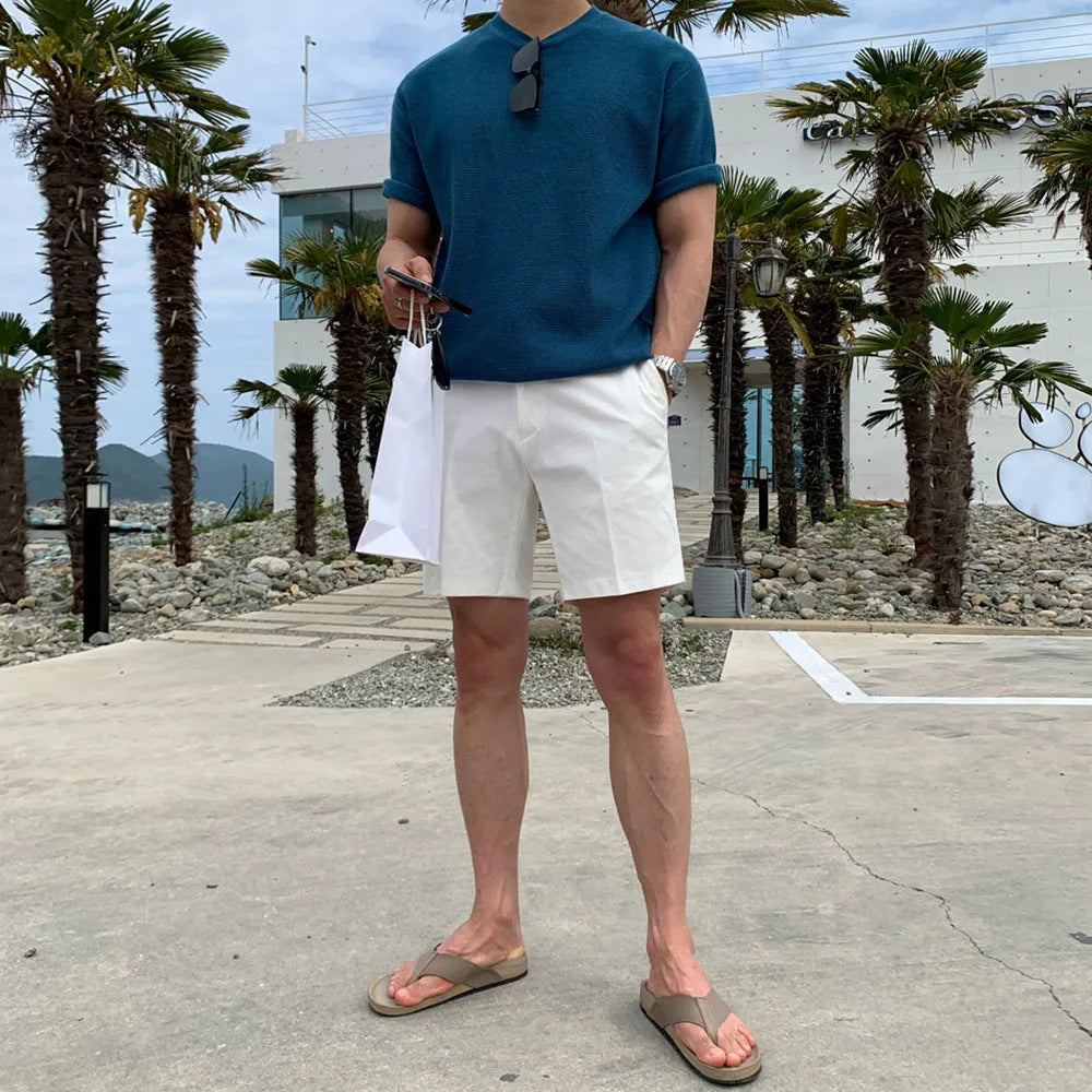 Men's straight-leg casual shorts in khaki, shown laid flat.