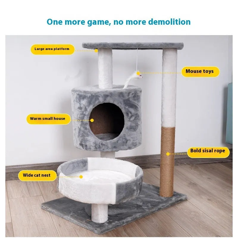 Lepet cat tree with plush nest and scratch board, available in white and brown colour option