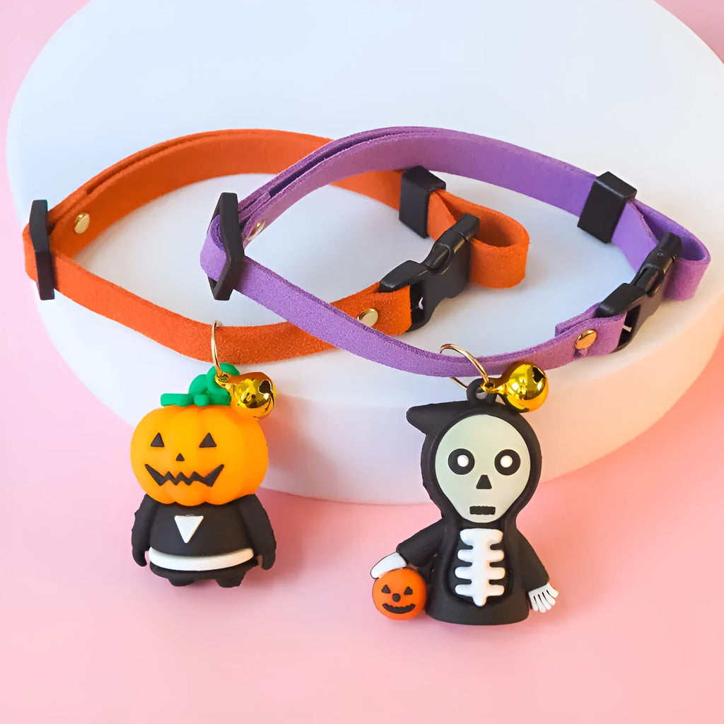 Polyester Halloween dog collar decoration showing pumpkin man, luminous brat, and luminous skull cartoon patterns.