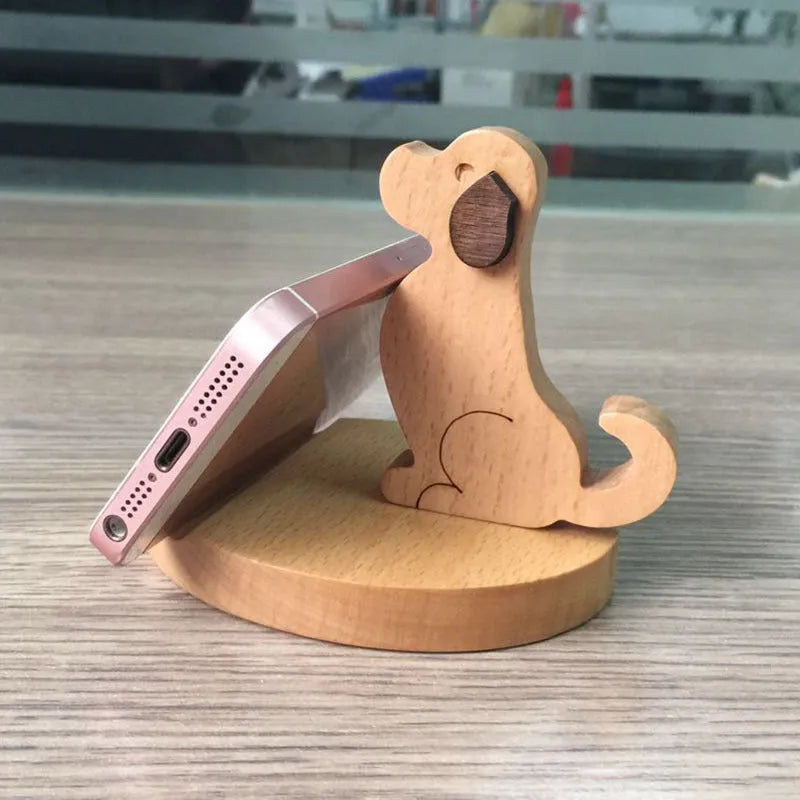 Resin and beech wood character mobile phone stand holder with designs including dog, cat, kung fu, and elephant.