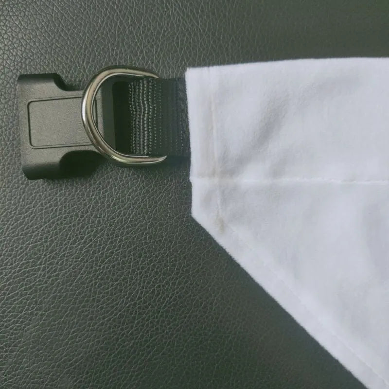 Blank white polyester dog scarf for custom thermal transfer printing in four sizes.