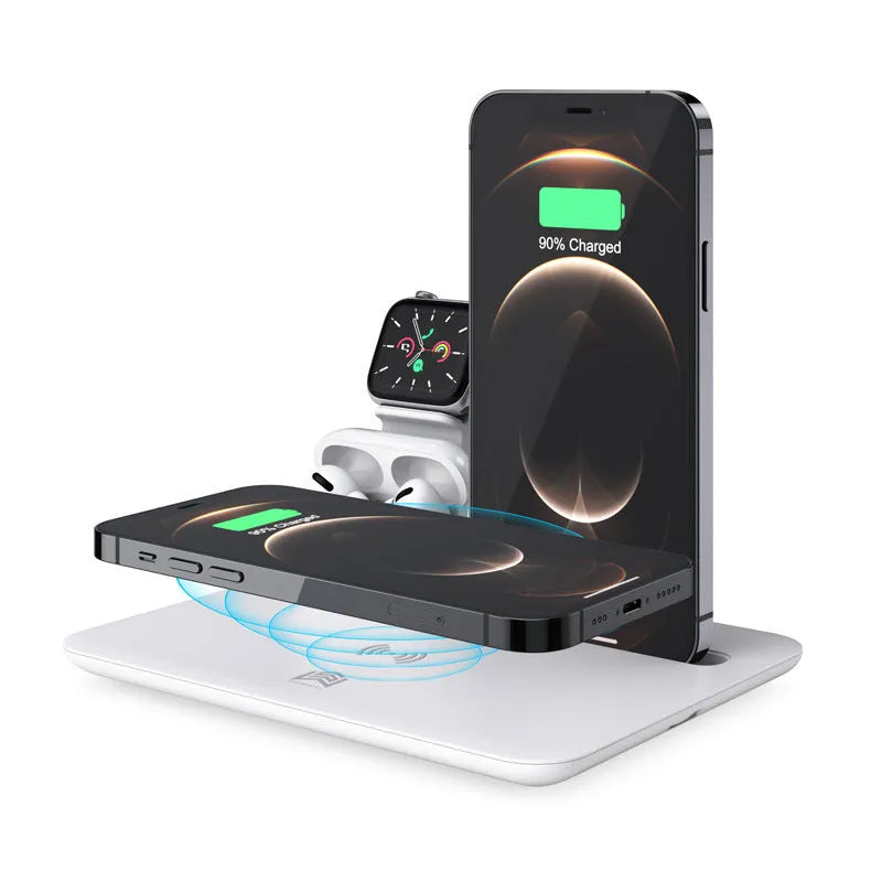 Black multi-device wireless charging stand holding a phone, headphones, and a smartwatch on a desk.