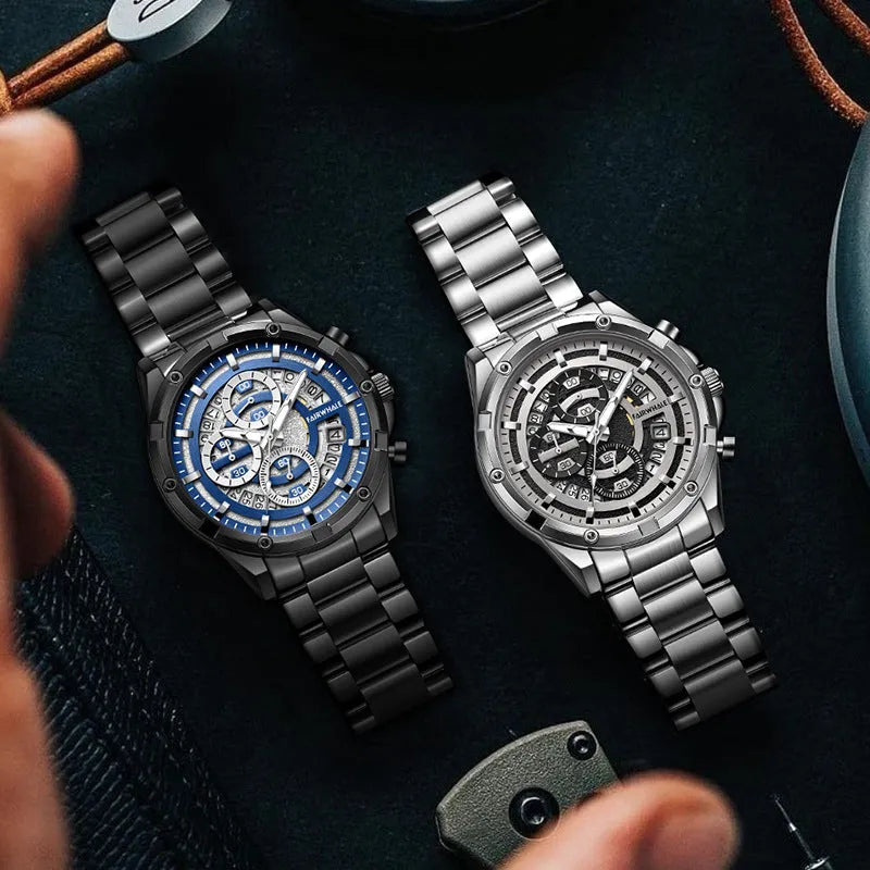 Men's stainless steel casual watch with luminous hands and waterproof design, shown in black and blue colour variant.